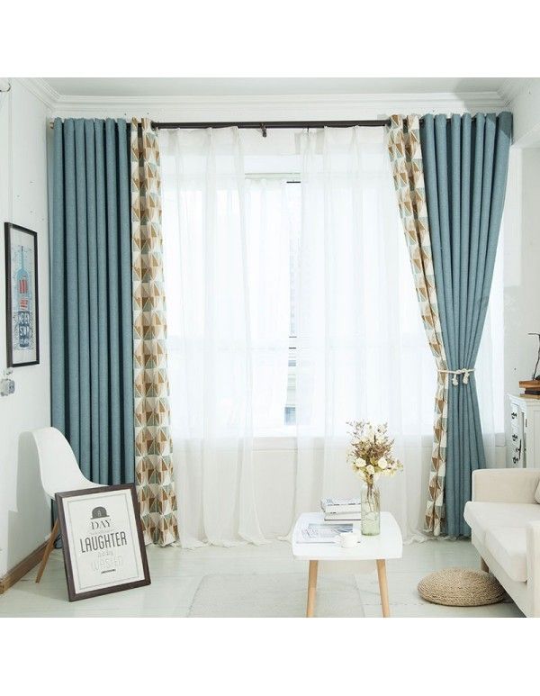 Keqiao curtain manufacturer customized simple bedroom linen curtain cloth living room solid color splicing blackout curtain