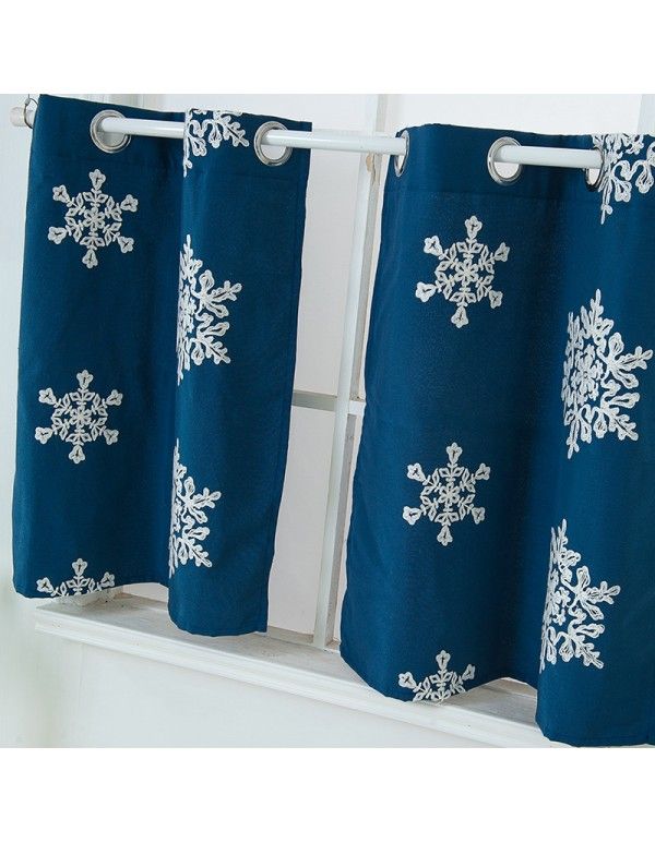 [Meimi] new embroidered and perforated short curtain finished small curtain blue curtain Amazon express stock 