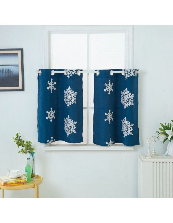 [Meimi] new embroidered and perforated short curtain finished small curtain blue curtain Amazon express stock 