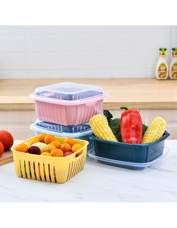 Double layer vegetable washing basket with cover living room fruit basin portable office tea table refrigerator fruit basket kitchen vegetable fresh keeping box 