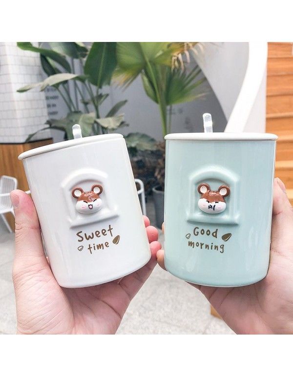 Cartoon relief hamster ceramic cup cute creativity with lid and spoon Mug business office student water cup 