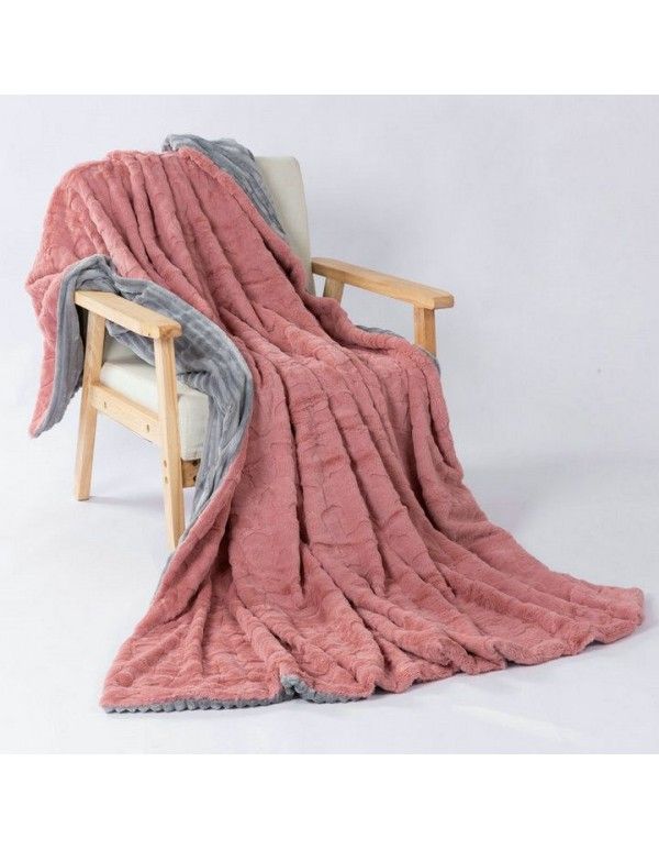 Cross border express double layer thickened imitation rabbit hair flannel striped small wool blanket 