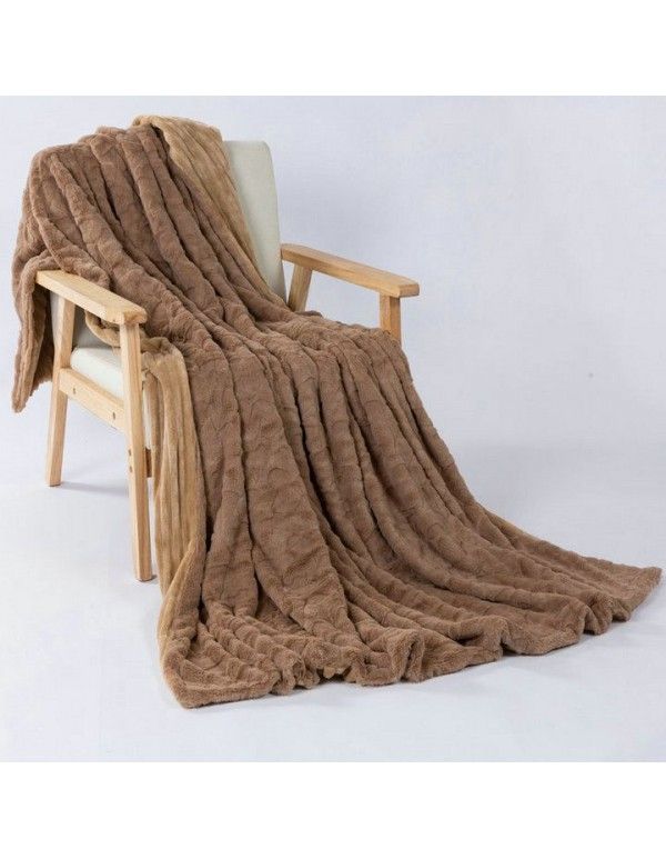 Cross border express double layer thickened imitation rabbit hair flannel striped small wool blanket 
