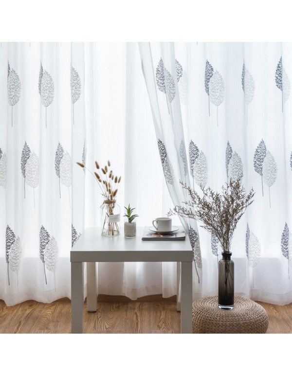Linen embroidery Nordic style simple modern lattice leaf living room bedroom full blackout Keqiao curtain cloth window screen wholesale 