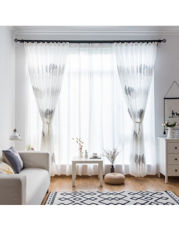 Linen embroidery Nordic style simple modern lattice leaf living room bedroom full blackout Keqiao curtain cloth window screen wholesale 