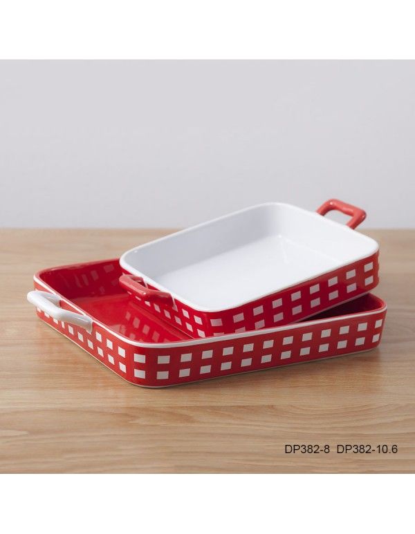 Color glaze baked rice and cheese bowl creative household cake baking plate rectangular baking ceramic baking plate with two ears baked rice plate 