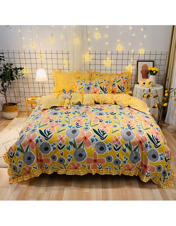 Factory wholesale Korean version of pure cotton lace four sets of thickened cotton matted bed sheet, bed cover, a hair