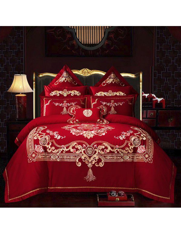 Factory wholesale wedding pure cotton 60s four piece set of scarlet cotton thickened sheet quilt cover gift + hair