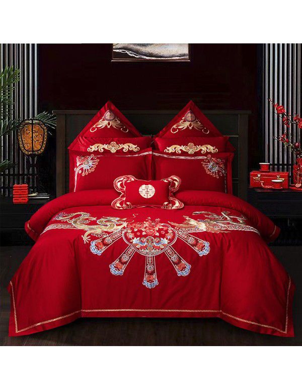 Factory wholesale wedding pure cotton 60s four piece set of scarlet cotton thickened sheet quilt cover gift + hair