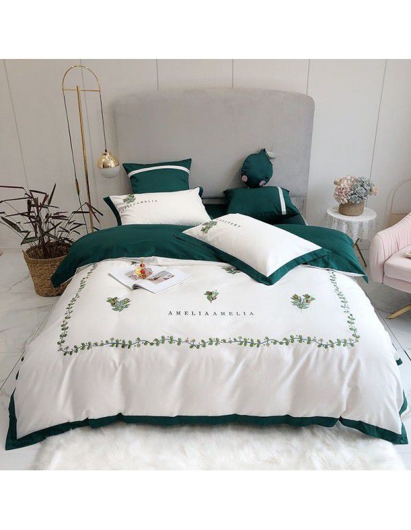 Four piece simple and fresh 60 long staple cotton embroidered lace quilt cover with cotton satin bed sheet