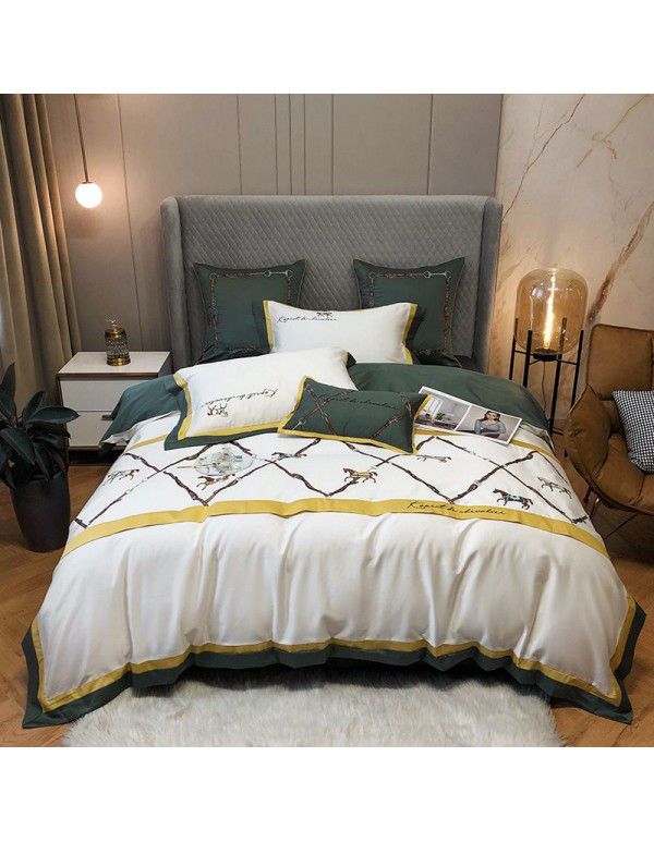 High end luxury 60 thread long staple cotton four piece set pure cotton satin simple embroidery American quilt cover sheet bedding