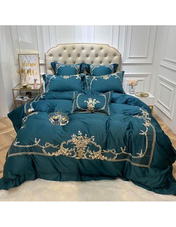 European luxury bed Wine Red 60 thread pure cotton four piece set embroidery all cotton European and American style six piece set bedding