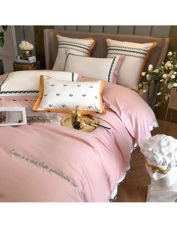 High end atmosphere spring and summer four piece set of pure cotton simple 60 thread long staple cotton satin bedding