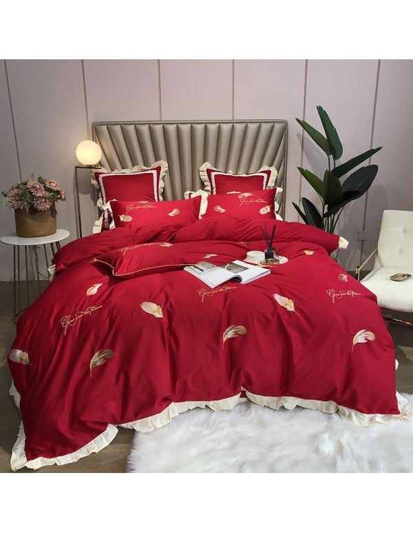 60 thread long staple cotton simple quilt cover princess style pink embroidery lace feather girl heart bedding