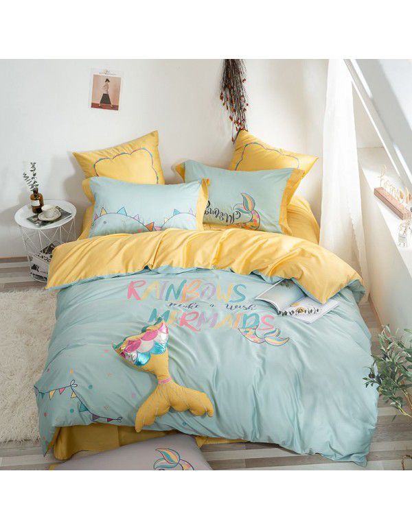 19 spring new Mermaid 60 thread Satin long staple cotton 4-piece bed set multi piece embroidered Quilt Set