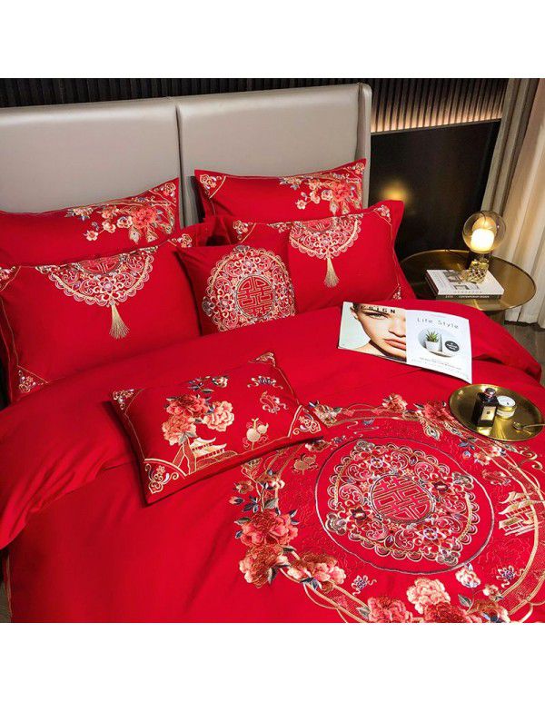 Chinese wedding red all cotton embroidered bedding