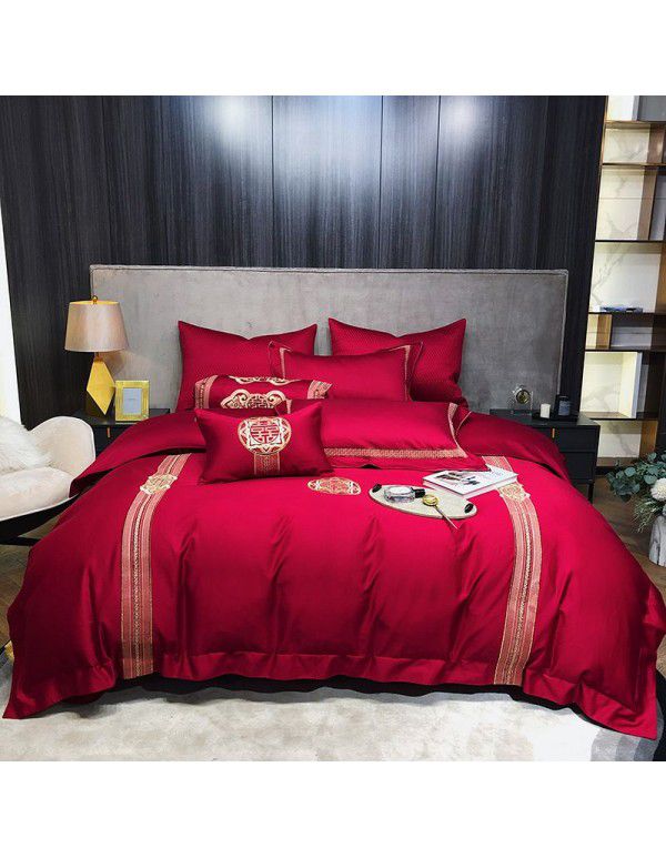 Chinese wedding red wedding pure cotton four piece set simple fashion all cotton wedding room quilt cover bedding embroidery