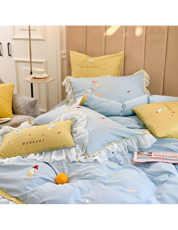 Foreign trade cross border factory wholesale children's room 60 long staple cotton four piece set of embroidery Korean Style Lace