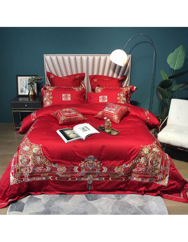 High end wedding 100 thread cotton long staple cotton jacquard four piece set big red quilt cover double 1.8m bedding