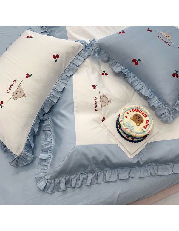 Cool light blue cute cherry bear 60 long staple cotton embroidery 4-piece lotus leaf lace Quilt Set soft bedding