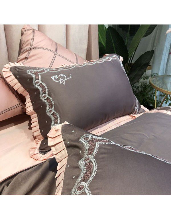 European style light luxury 60 thread long staple cotton four piece set pure cotton girl heart embroidery quilt cover sheet bedding