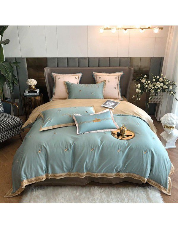 High end simple luxury 60 thread cotton satin 4-piece set of all cotton bee embroidery bedding