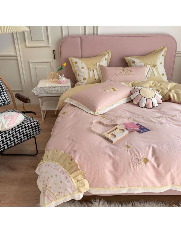 Xiaoqingxin 60 thread long staple cotton four piece set of all cotton pink girl's heart flower embroidered quilt cover Princess bedding