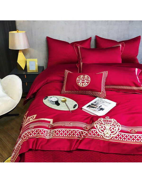 High end 100 piece wedding embroidery quilt cover bedding 4 piece wedding bed Pure Cotton wedding red wedding quilt