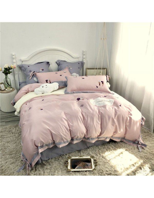 60 thread Pure Cotton Pink four piece set of small fresh Satin Embroidery cloud bow princess style all cotton bedding