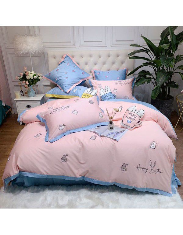 60 thread double long staple cotton 4-piece bedding all cotton quilt cover embroidered princess style pure cotton sheet for two