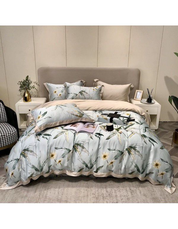 80 pieces of double-sided Tencel 4-piece set summer idyllic flowers sleeping naked ice silk quilt cover bedding