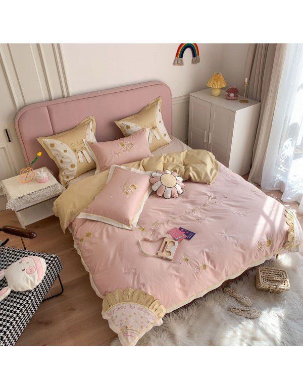 Xiaoqingxin 60 thread long staple cotton four piece set of all cotton pink girl's heart flower embroidered quilt cover Princess bedding