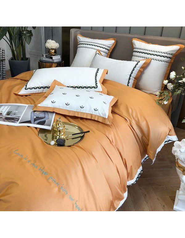 High end atmosphere spring and summer four piece set of pure cotton simple 60 thread long staple cotton satin bedding