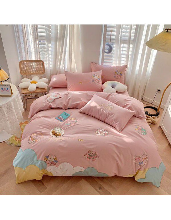 60 thread Satin long staple cotton four piece set of cute cartoon embroidery small fresh and luxurious pure cotton bedding