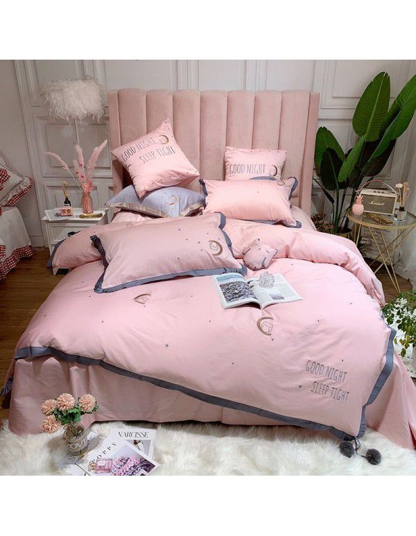 60 thread long staple cotton embroidery small fresh lady style 4-piece bedding 1.8m quilt cover sheet plain color bedding