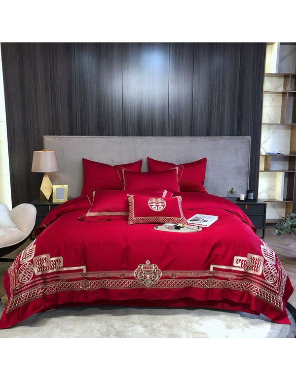 High end 100 piece wedding embroidery quilt cover bedding 4 piece wedding bed Pure Cotton wedding red wedding quilt
