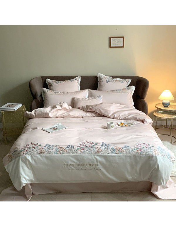American light Luxury Satin long staple cotton embroidery four piece set simple splicing 1.8m double quilt cover bedding