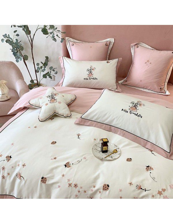 60 thread pink cotton bedding set Korean little fresh Princess wind Satin long staple cotton embroidered Quilt Set 4 pieces