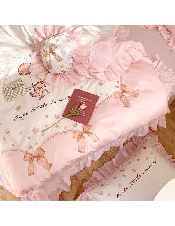 Cartoon 60 thread long staple cotton star embroidery pure cotton four piece set girl heart lotus leaf all cotton quilt cover bedding