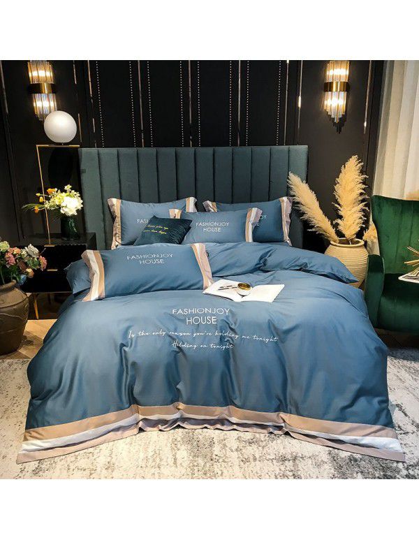 60 thread long staple cotton four piece set of pure cotton simple atmosphere European stitching embroidered bed sheet quilt cover bedding