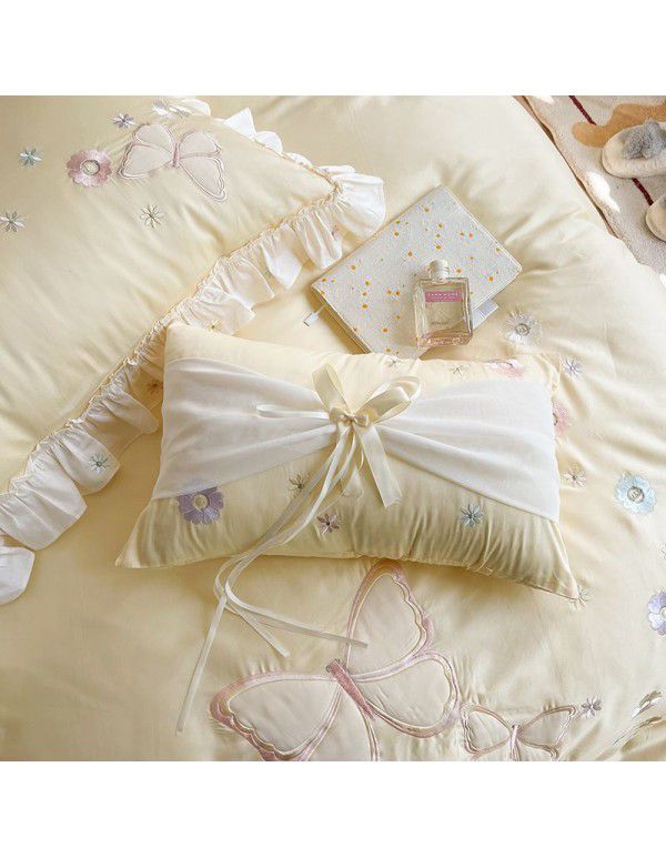 French 60 thread all cotton four piece set of lotus leaf pure cotton quilt cover princess style pure color bedding