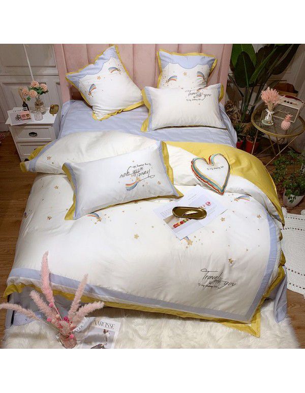 Four piece set of pure cotton princess style bed sheet all cotton cartoon lovely sweet girl heart net red quilt cover