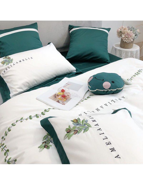Four piece simple and fresh 60 long staple cotton embroidered lace quilt cover with cotton satin bed sheet