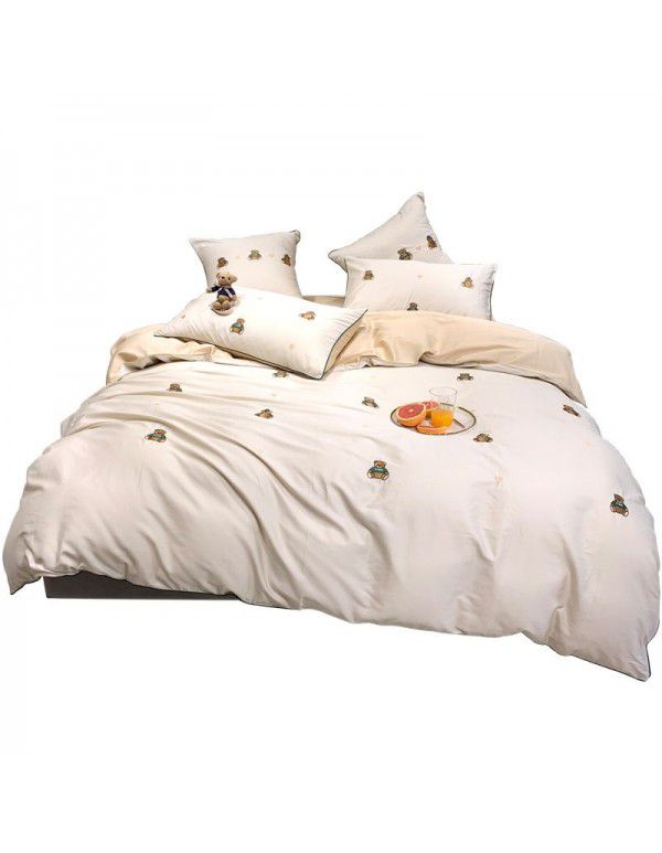 Children's four piece cotton all cotton Cartoon Bear embroidered quilt cover sheet 60 Satin long staple cotton bedding