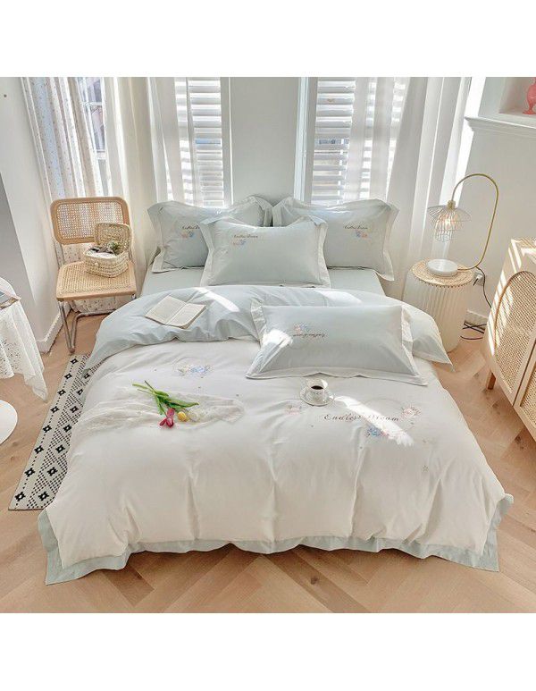 Korean style 60 thread long staple cotton four piece small fresh embroidered quilt cover sheet all cotton lotus lace bedding