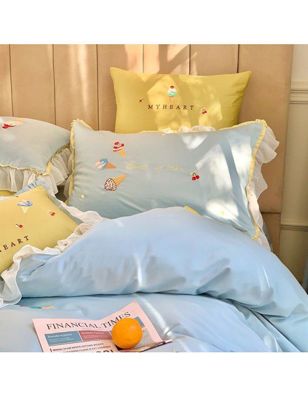 Foreign trade cross border factory wholesale children's room 60 long staple cotton four piece set of embroidery Korean Style Lace