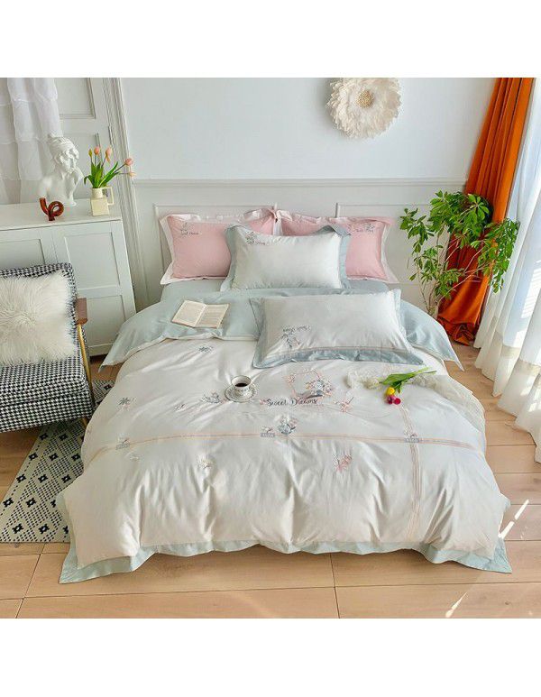 Korean style 60 thread long staple cotton four piece small fresh embroidered quilt cover sheet all cotton lotus lace bedding