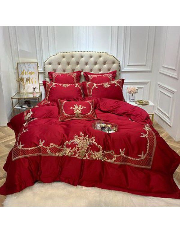 European luxury bed Wine Red 60 thread pure cotton four piece set embroidery all cotton European and American style six piece set bedding