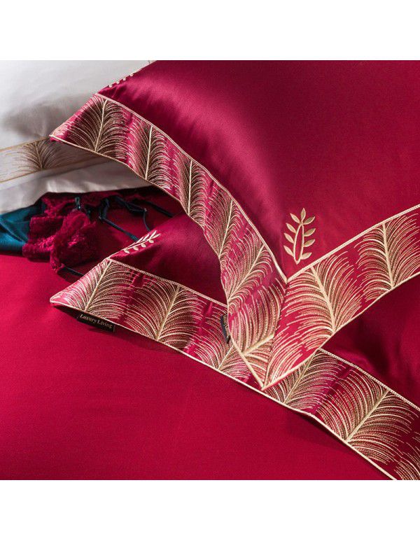 Wedding high end 100 pieces 500t horse cotton embroidery four piece wine red European model room light luxury bedding