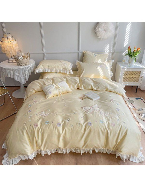 French 60 thread all cotton four piece set of lotus leaf pure cotton quilt cover princess style pure color bedding